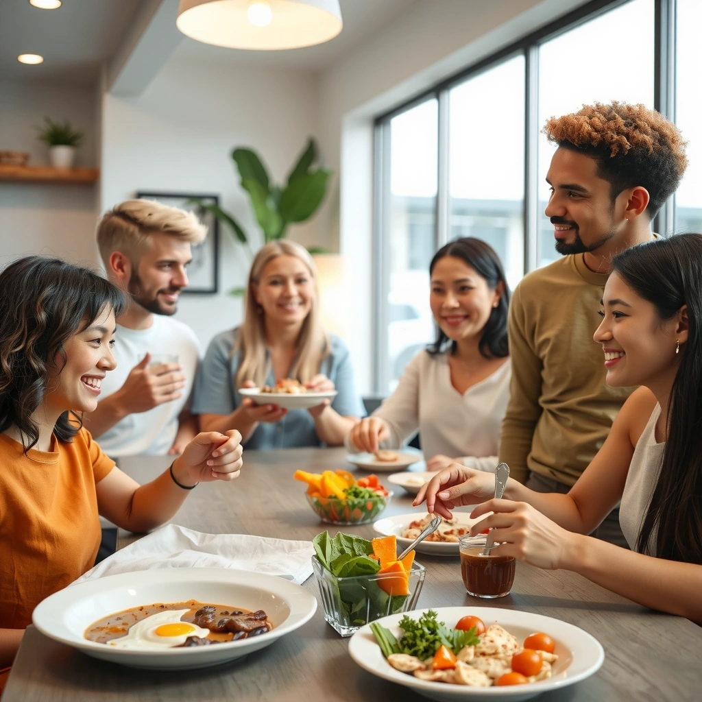 Diverse group of people sharing healthy meals together in a modern setting